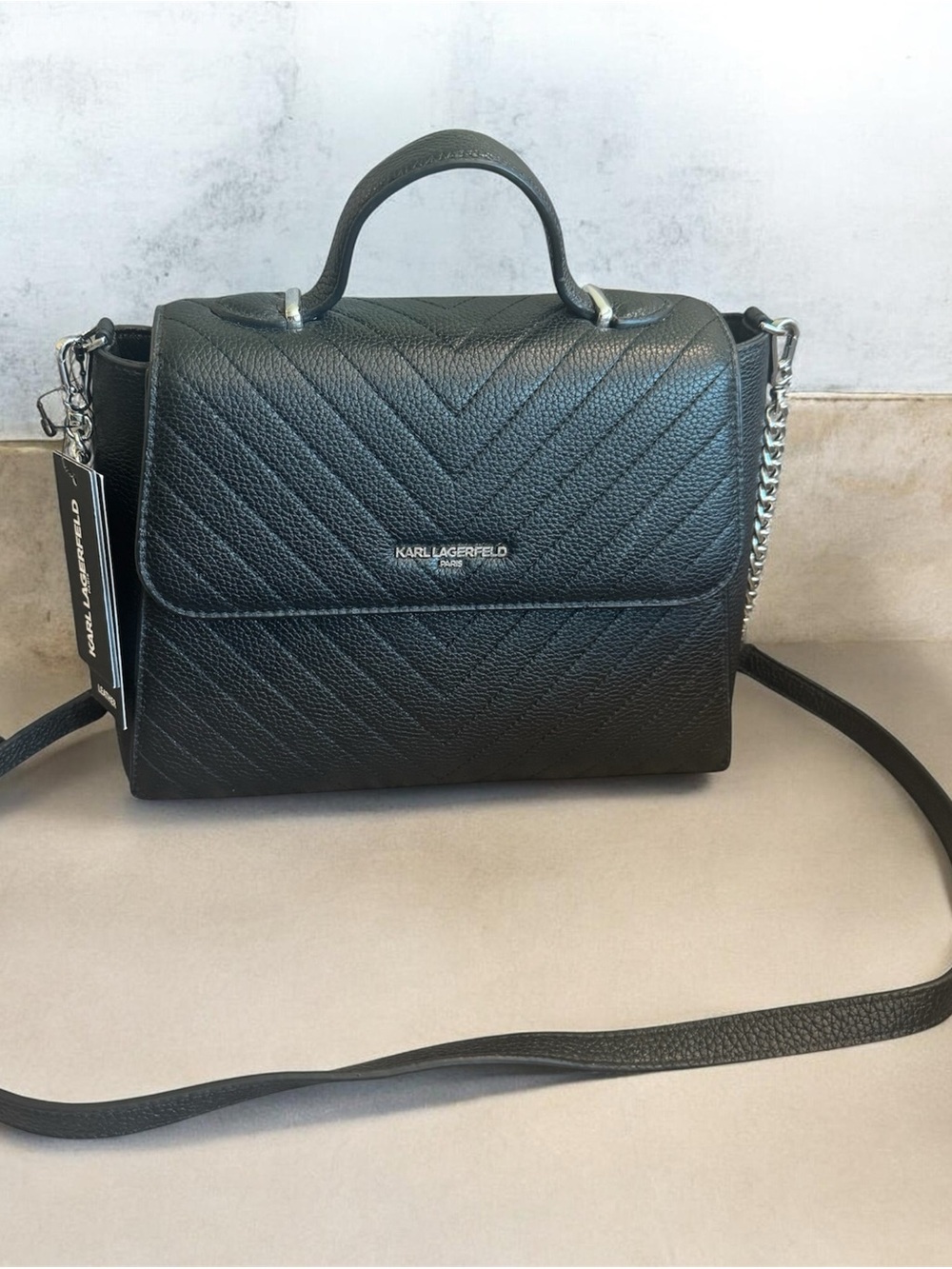 NWT Karl Lagerfeld Paris Charlotte Quilted Satchel Black Leather Bag